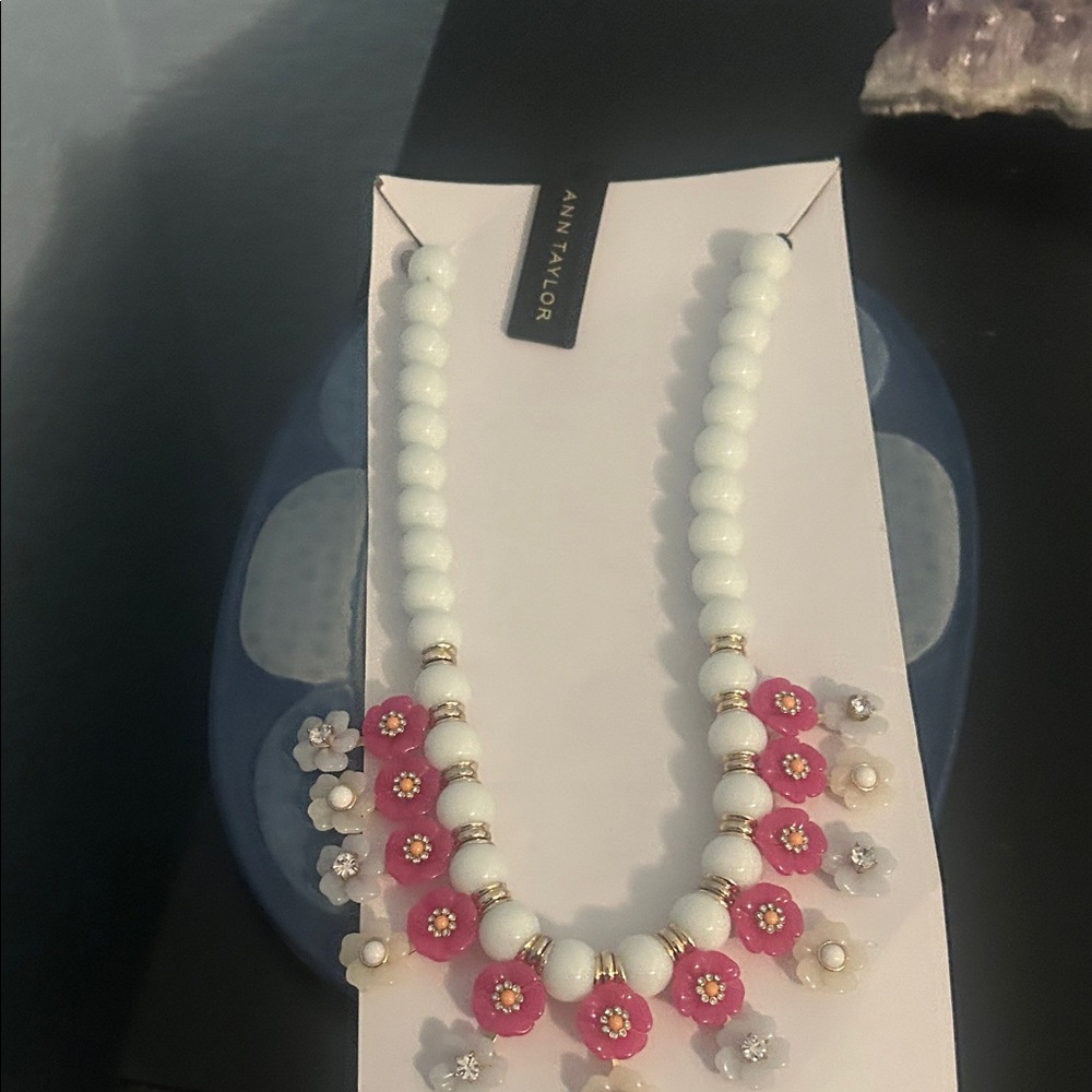 Ann Taylor White Beaded Necklace with Pink Floral Accents